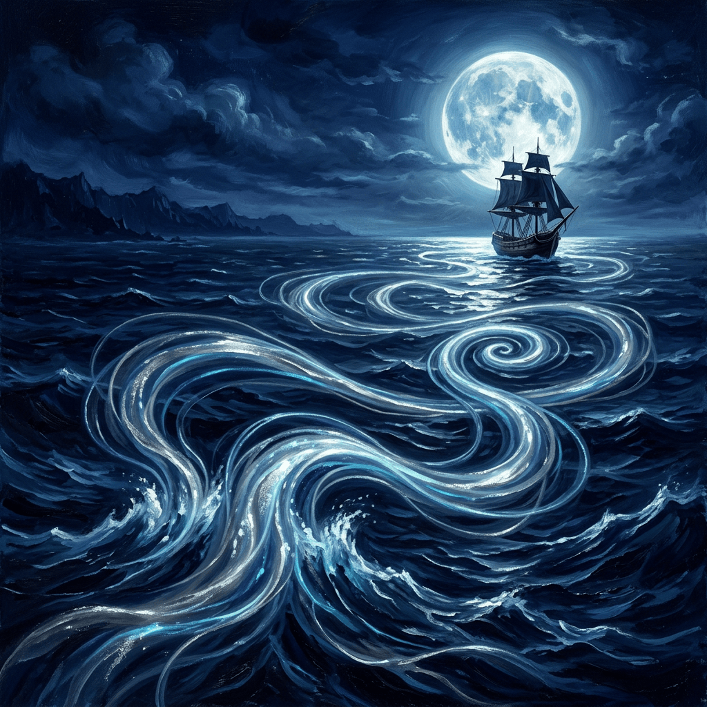 Sailing ship on a moonlit sea with glowing swirling waves