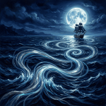 Sailing ship on a moonlit sea with glowing swirling waves