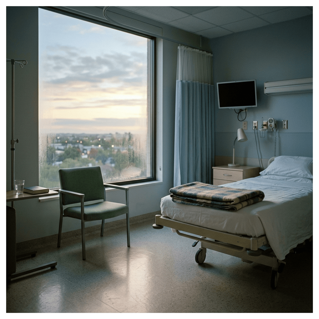 Empty hospital room with bed, chair, monitor, and sunset view