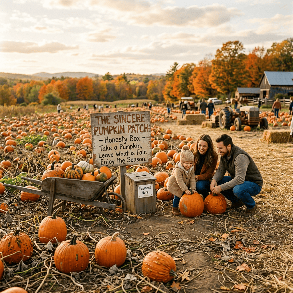 Family selecting pumpkins in a field beside an honesty-box sign