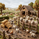 Miniature farmyard with sheep, chickens, cows, pigs, hay bales, and wooden barn
