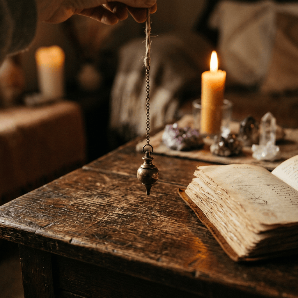 Brass pendulum over open book