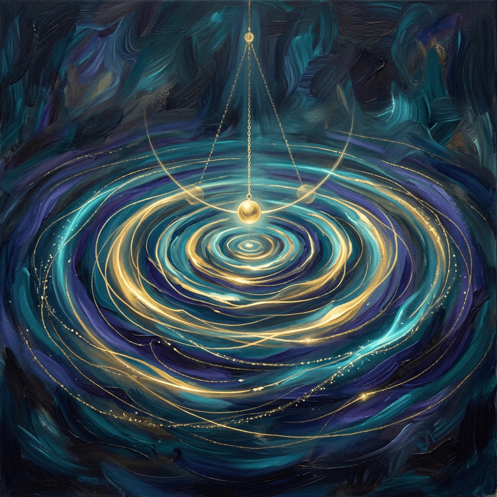 Abstract pendulum ripples in indigo teal gold