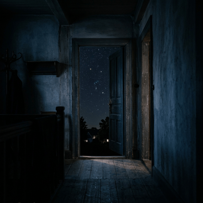 Weathered black door at the end of a dark blue hallway
